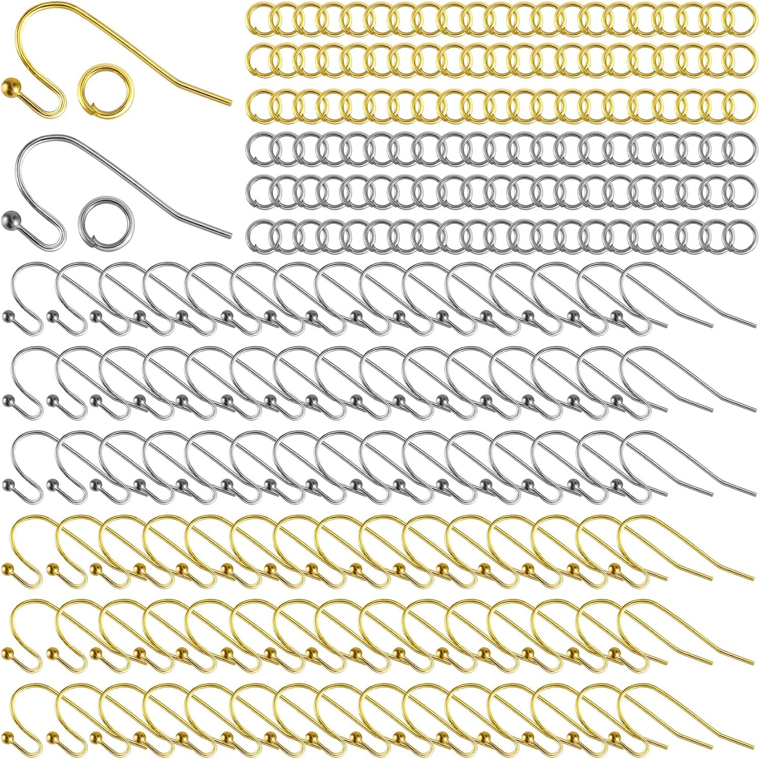PAGOW 400Pcs Earring Hooks for Jewelry Making, Hypoallergenic Ear Wires Fish Hooks Ball End with Jump Rings, Silver Gold Color DIY Earrings Findings Making kit Supplies