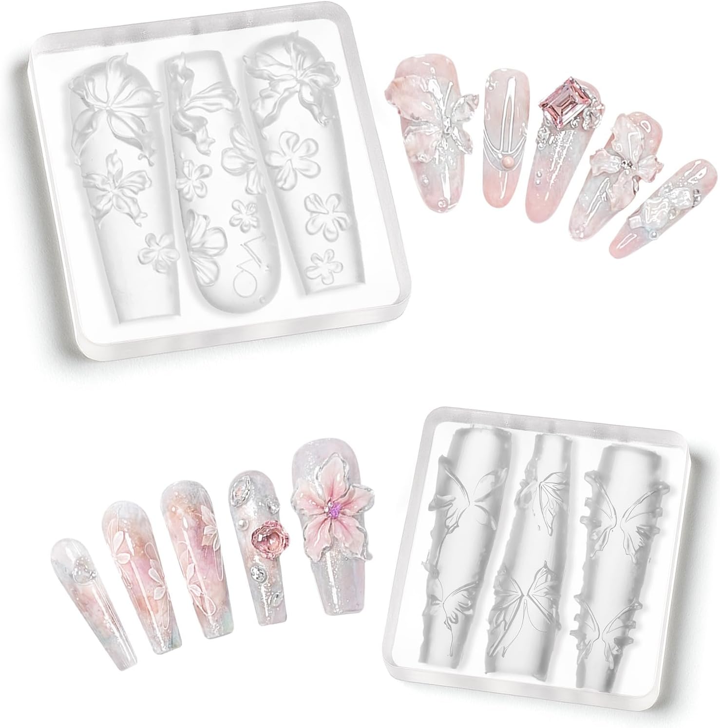 2PCS 3D Flower Mold for Nails, Flower Silicone Nail Art Molds, Reusable DIY Template for Art Designs & Manicure Accessories