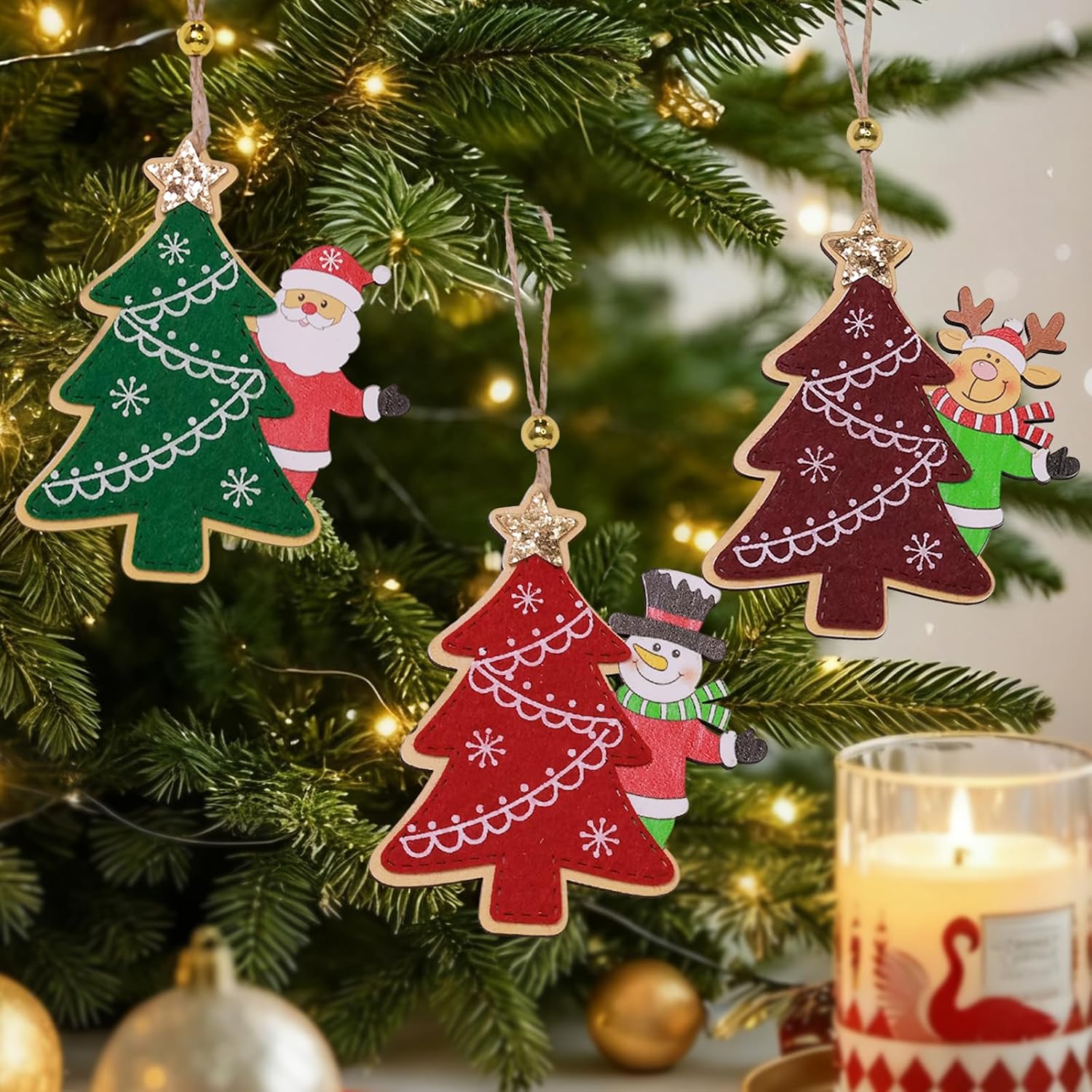 OEUVI Wooden Christmas Tree Ornaments Set of 3 Winter Farmhouse Xmas Wreath Decor Hanging Tree Crafts Holiday Christmas Decorations for Tree Home Office