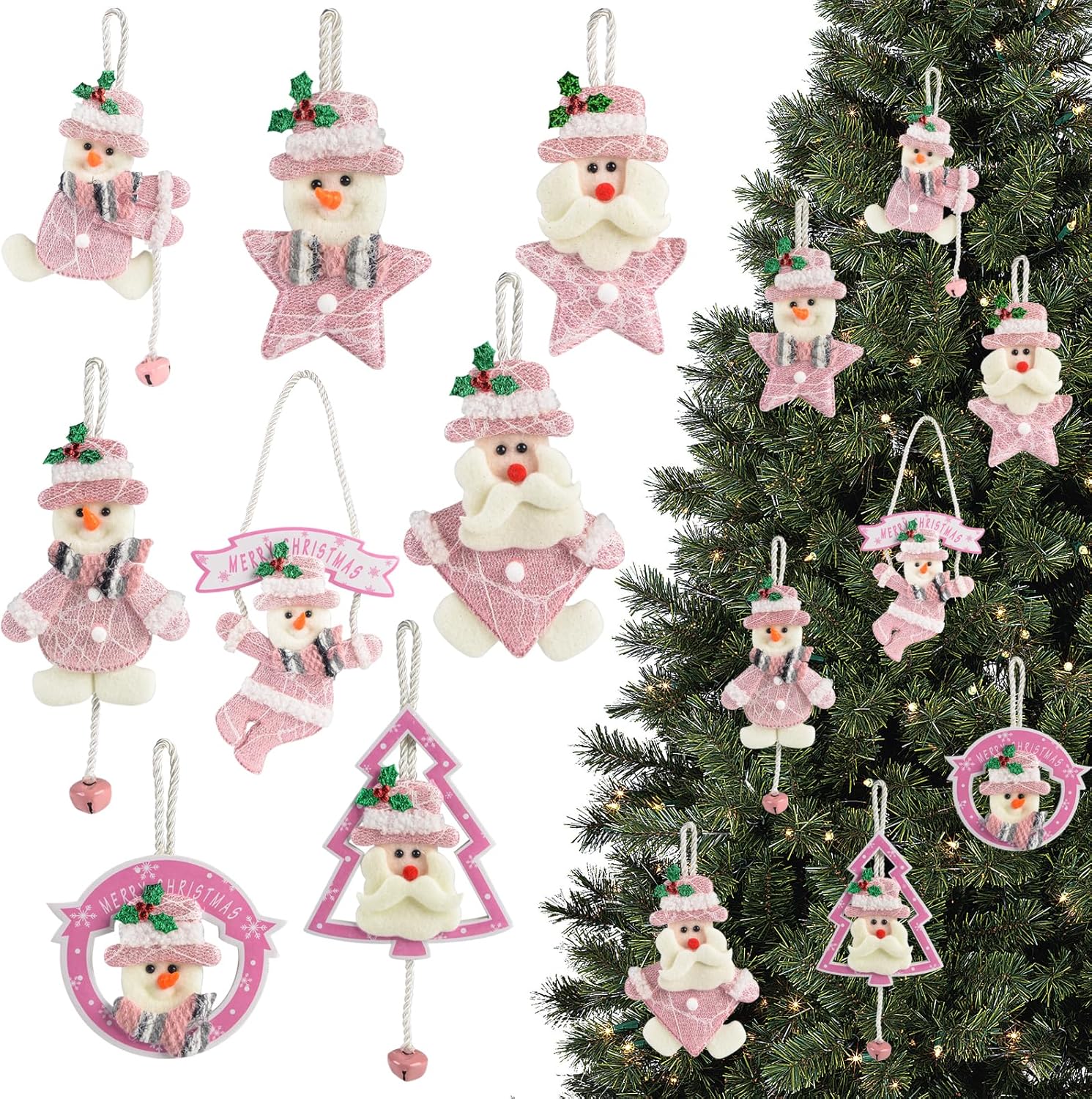 succulentlovers 8PCS Christmas Tree Plush Ornaments Set - Cute Pink Snowman Santa Claus Tree Ornaments, Vintage Plush Christmas Bell Ornament Trees Hanging Decorations for Xmas Trees Hanging Party