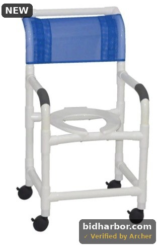 MJM International 118-3 Superior Rolling Shower Chair | Healthcare Grade PVC | Blue Mesh Sling Seat | 300 lb Capacity | Open Box