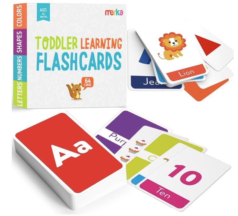 Merka Toddler Flash Cards - Interactive Alphabet Learning with Alphabet Flash Cards for Toddlers 1-3 - Pack of 64, 4.2" x 2.4" - Double-Sided for 1-4 Years Old - Multicolor