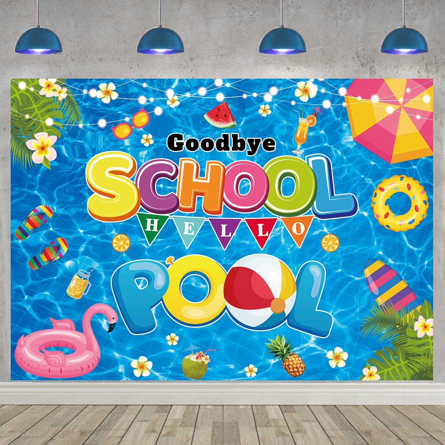 Goodbye School Hello Pool Backdrop 7X5FT End of School Year Background Pool Party Backdrop for Kids Class Summer Vacation Graduation Party Decorations Banner 82x59inch