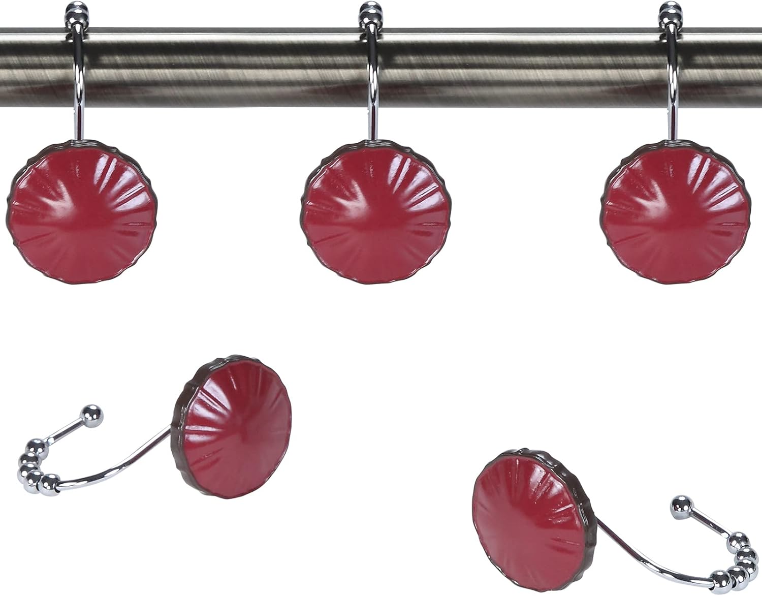 Margaret Red Round Decorative Shower Curtain Hooks,5 Roller Ring Balls Designed Burgundy Hooks for Bathroom Curtains,Set of 12