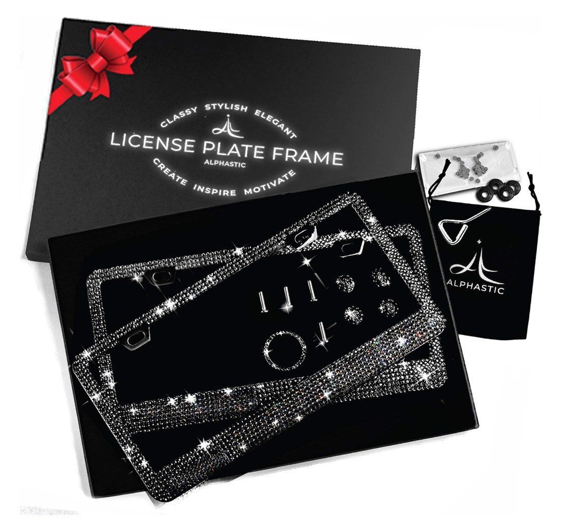 Glass Diamond Car License Plate Frame – 2 Pack Black Handmade | Sparkly Bling Rhinestone Stainless Steel Metal Frames For Women & Men Cars Plates. AA SS16 Crystal (Black Slim Glass Diamond Rhinestone)