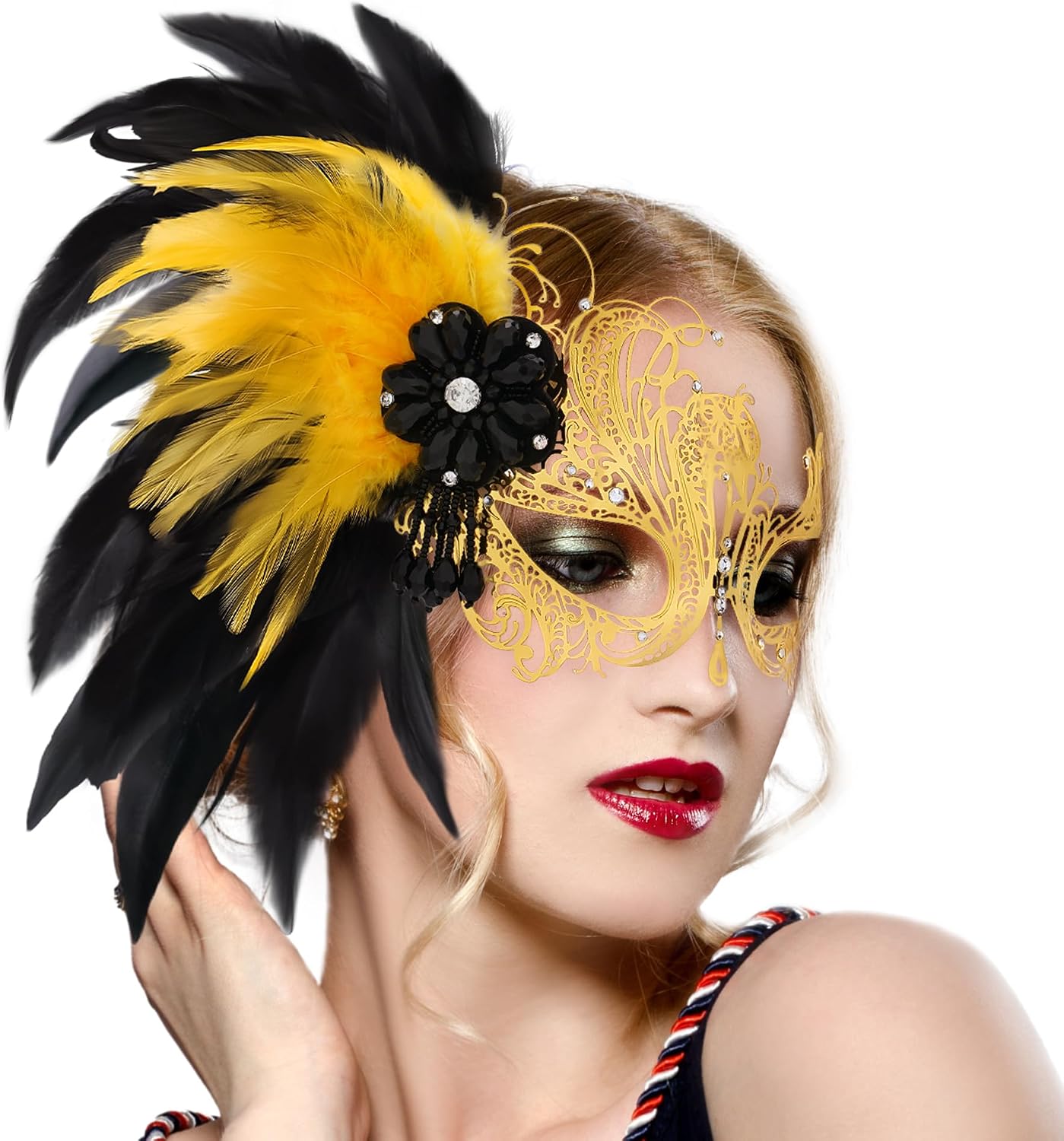 Zinniday Gold Masquerade Mask for Women - 2025 Venetian Elegant Metal Masks with Feather and Shiny Rhinestone for Woman Couples Mardi Gras Evening Prom Ball Halloween Renaissance Costumes Dress Up
