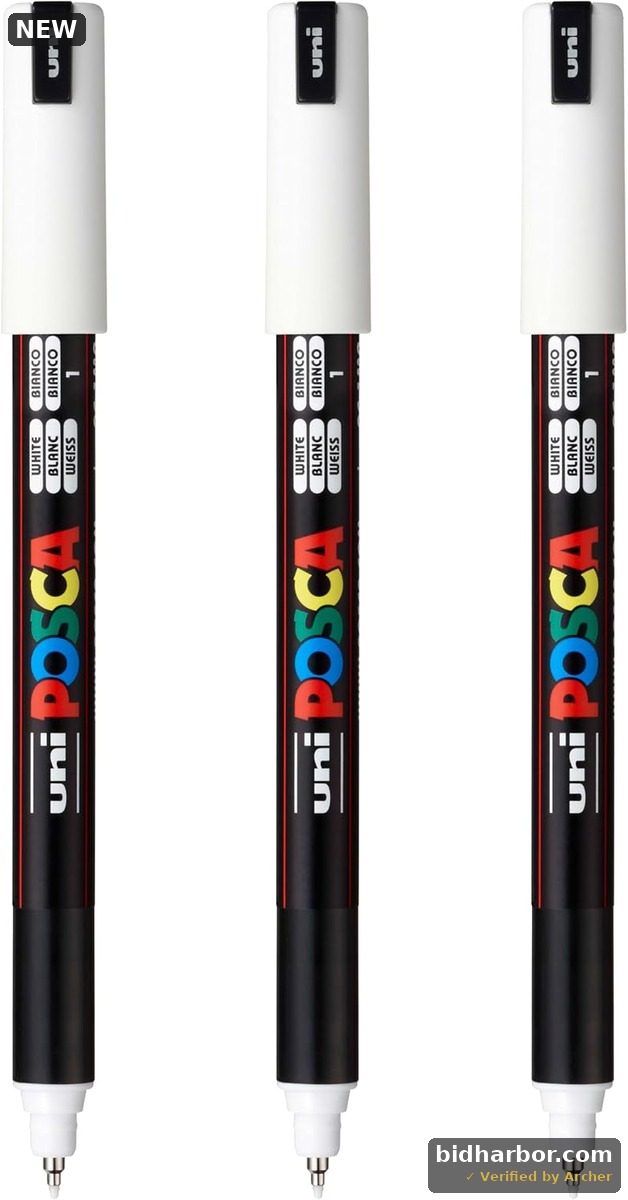 posca PC-1MR Water-Based Paint Markers, Extra Fine Tip (0.7mm), White, 3 Count