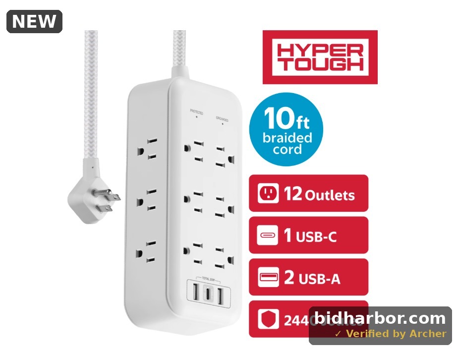 Hyper Tough USB Power Strip Surge Protector 12 Outlet USB Fast Charger 10ft Extension Cord White