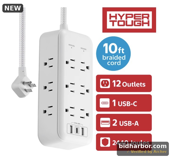 Hyper Tough USB Power Strip Surge Protector 12 Outlet USB Fast Charger 10ft Extension Cord White