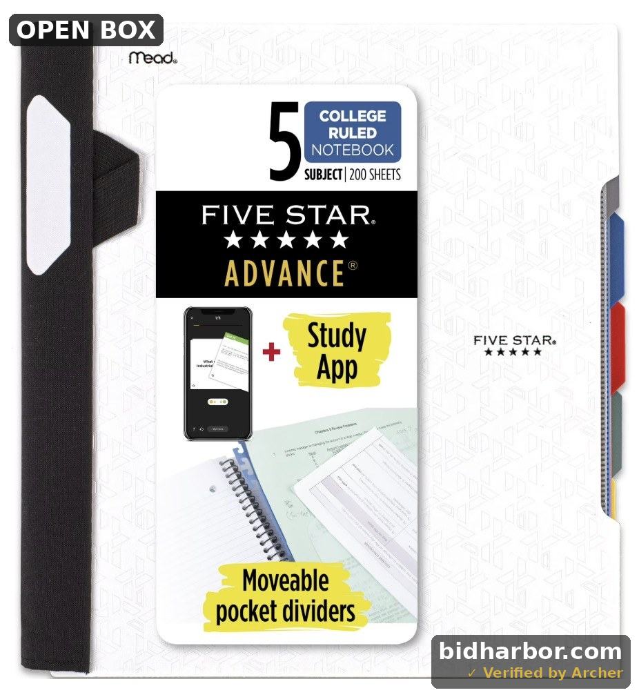 Five Star 300 Sheets 5 Subject College Ruled Spiral Notebook with Pocket Dividers White