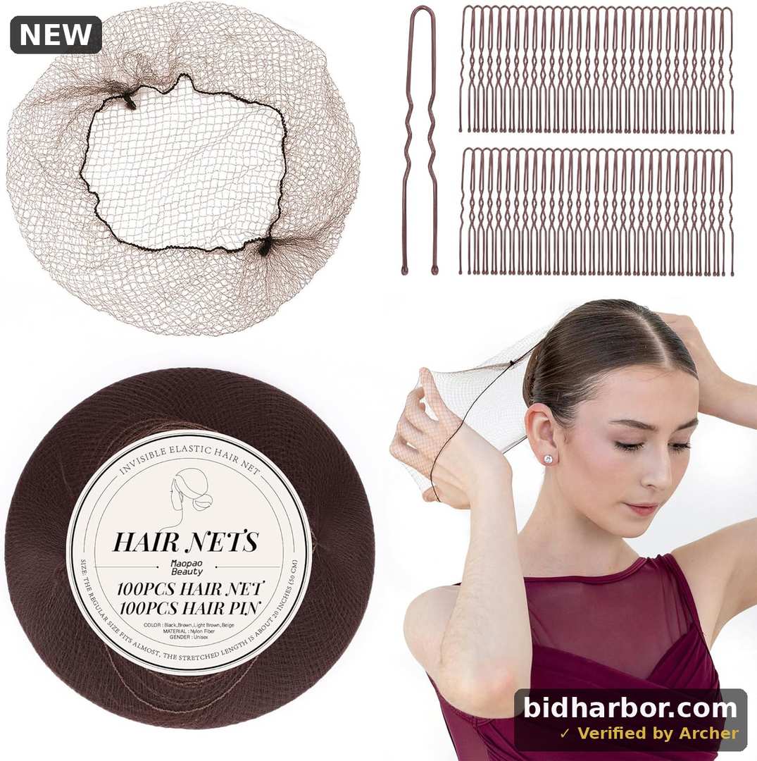 MaopaoBeauty Invisible Elastic Hair Nets with U-Shaped Hair Pins, 200-Piece Set, Brown, 20 in
