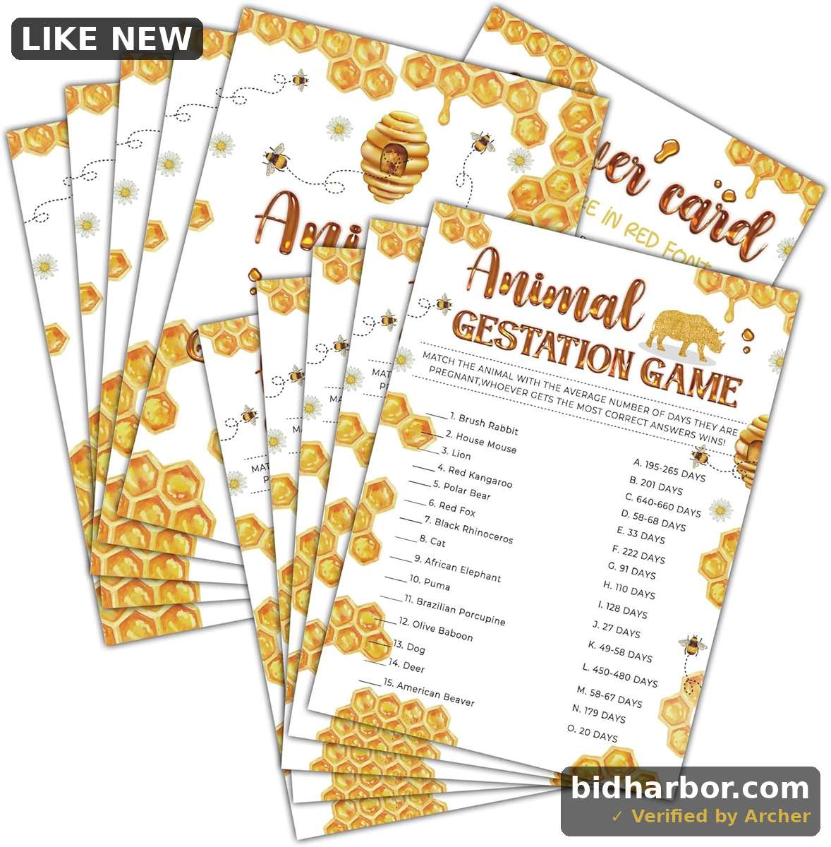 Baby Shower Game - 1 Pack - Animal Gestation Game Cards for Gender Reveal Party - Bumble Bee Baby Shower Games & Activities - Honey Honeycomb Party Decor For Boys and Girls - 30 Game Cards & 1 Answer Card(F07)