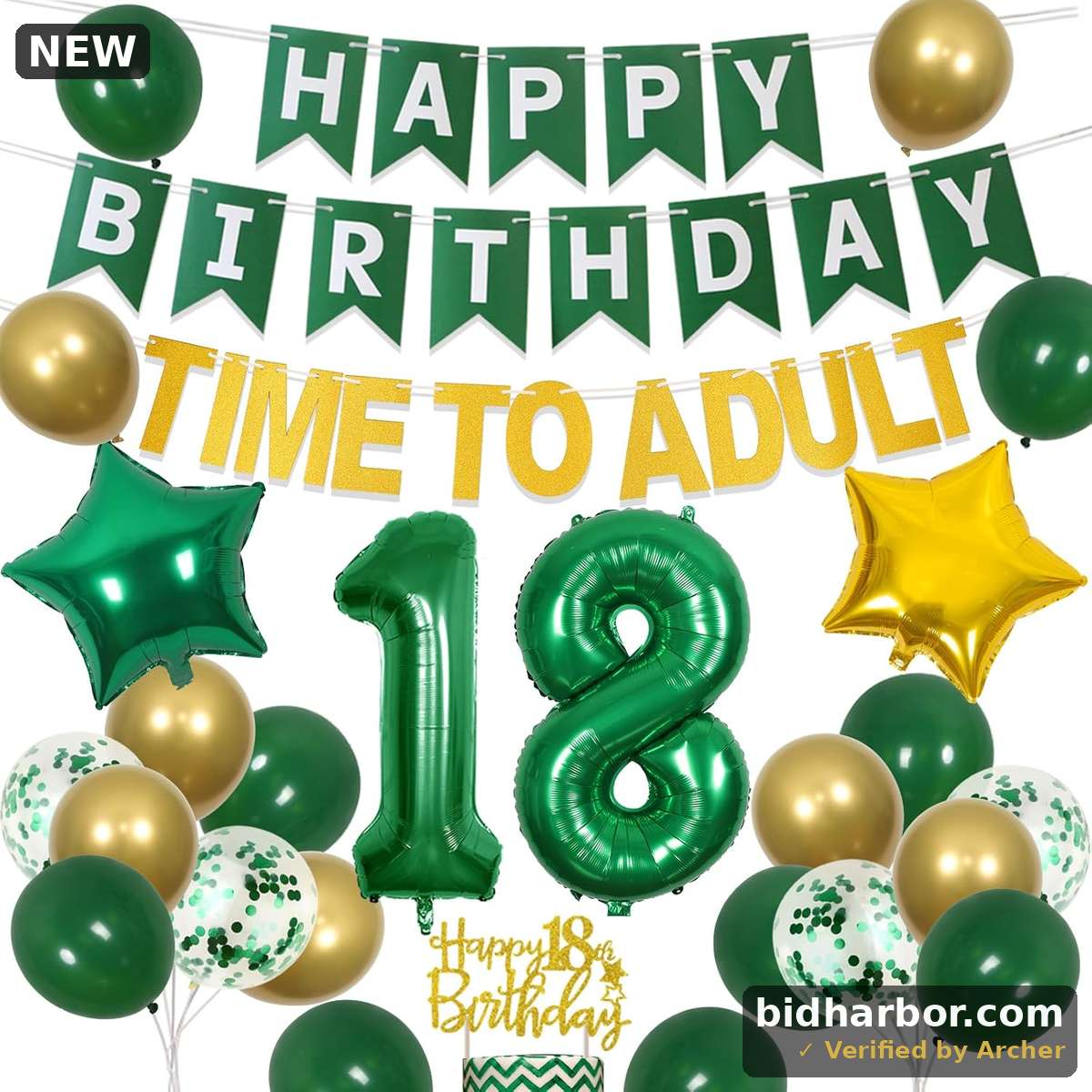 18th Birthday Decorations Green Boys - Time to Adult 18th Birthday Decorations, Emerald Green and Gold Balloons Time to Adult Banner Happy Birthday Cake Topper, Number 18 Star Foil Balloon