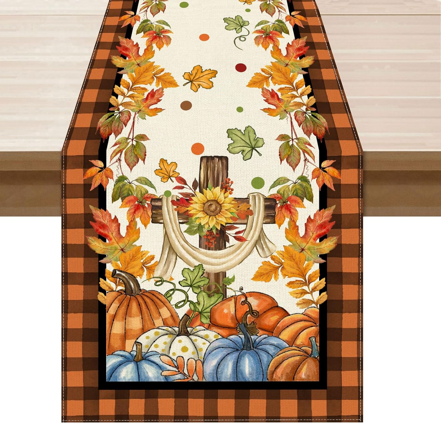 XCHI Fall Cross Pumpkin Maple Leaves Plaid Table Runner Table Decoration for Kitchen Dining Dinner Thanksgiving Autumn Home Decor 13x72 Inch