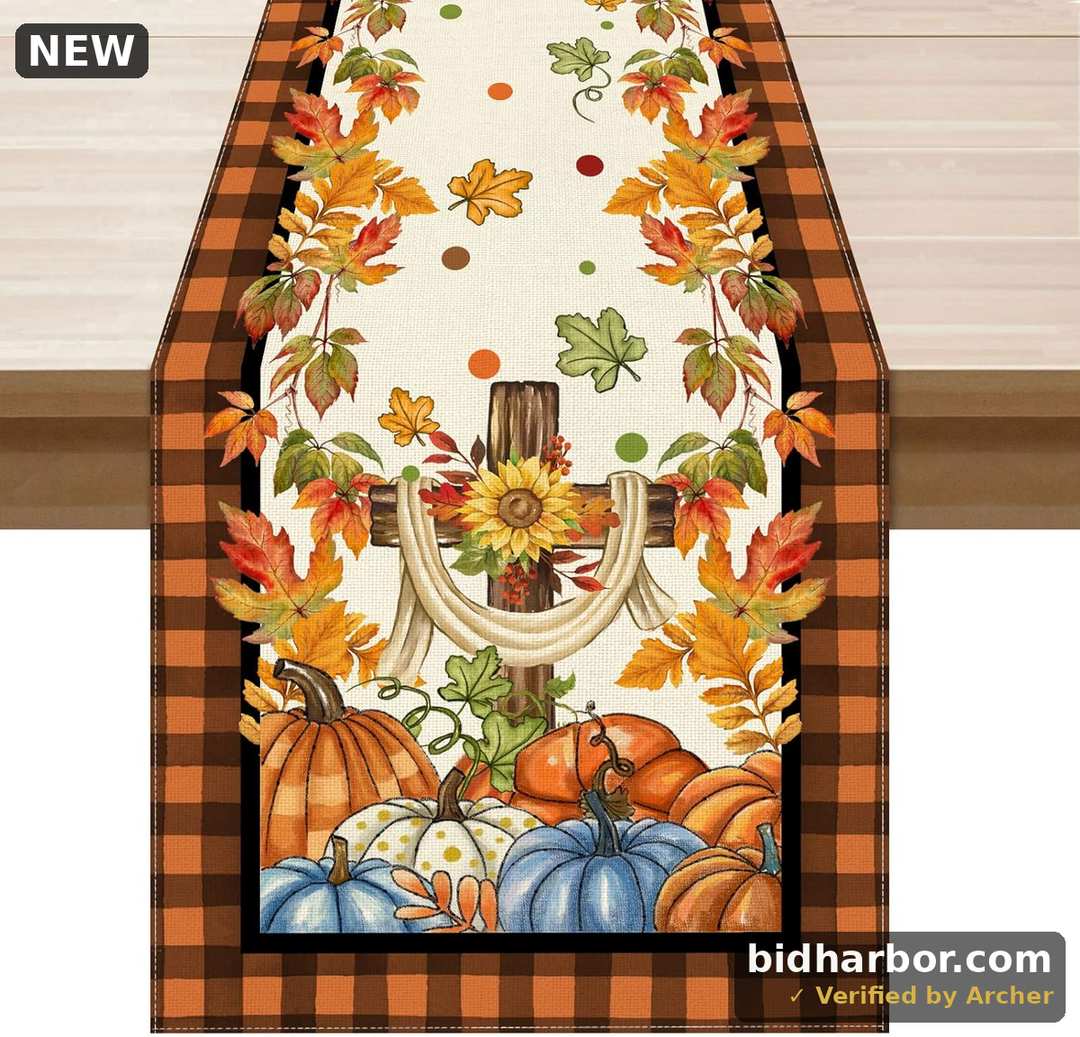 XCHI Fall Cross Pumpkin Maple Leaves Plaid Table Runner Table Decoration for Kitchen Dining Dinner Thanksgiving Autumn Home Decor 13x72 Inch