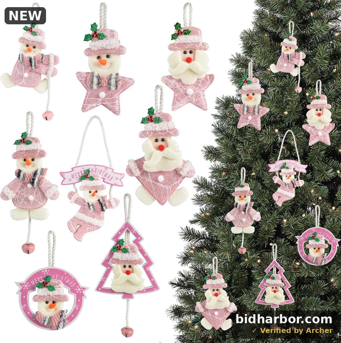 succulentlovers 8PCS Christmas Tree Plush Ornaments Set - Cute Pink Snowman Santa Claus Tree Ornaments, Vintage Plush Christmas Bell Ornament Trees Hanging Decorations for Xmas Trees Hanging Party