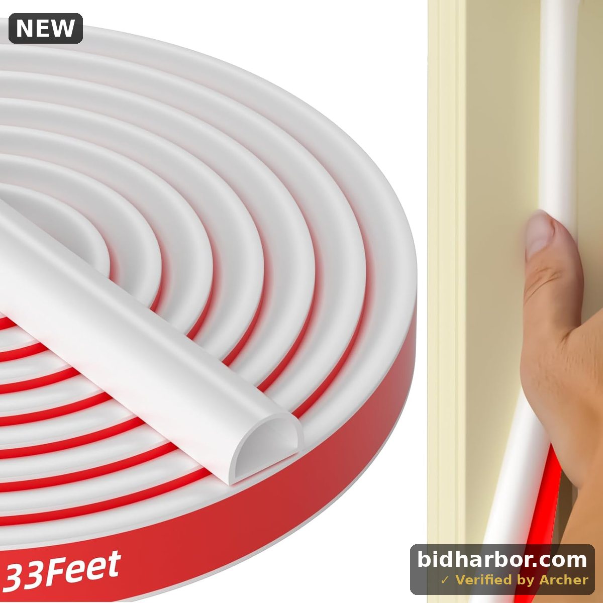 Silicone Weather Stripping Door Seal Strip, Self-Adhesive Door Weather Striping for Doors White 3/8" (W) x 1/4" (T) x 33ft (L)