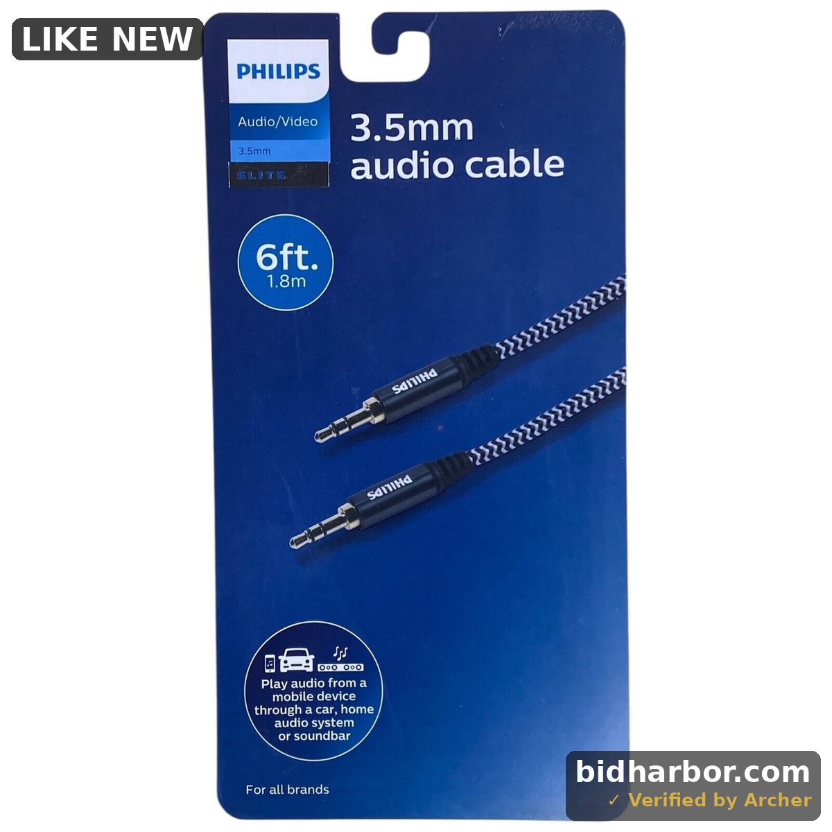 PHILIPS 3.5mm Audio Cable 6ft HD Audio Through Mobile to Car, Home Sys, Soundbar