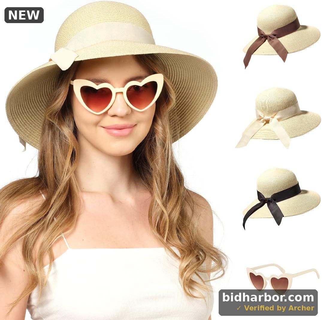 Funcredible Fedora Beach Hats for Women - Beige Wide Brim Straw Sun Hat with Bow and Heart Shape Glasses - UPF 50+ Packable Panama Hat for Women