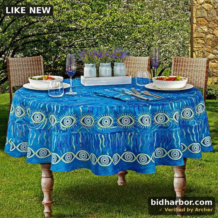 Blue Evil Eye Round Fabric Tablecloth, 70 Inch, Wrinkle, Water and Stain Resistant French Mediterranean Table Cover for Holiday Party Dining