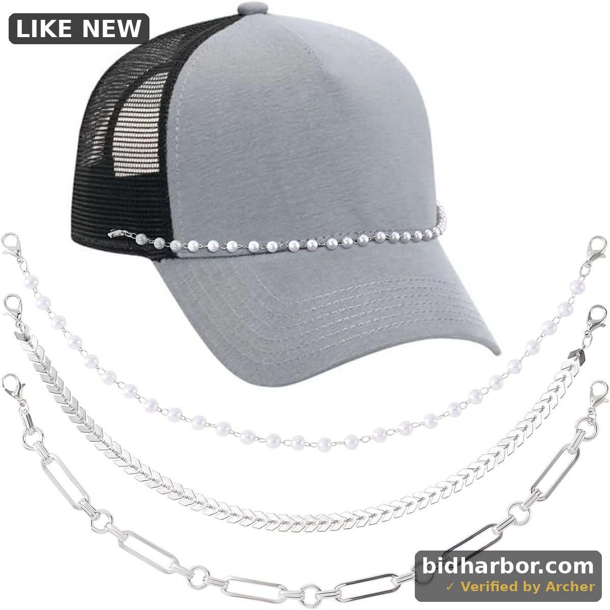Joez Wonderful 3 Pcs Trucket Hat Chains, Decorative Chain Accessory for Caps, Bulk DIY Tucker Cap Charms, Pearl and Stainless Steel Tucker Hat Bar Supplies for Baseball Cap