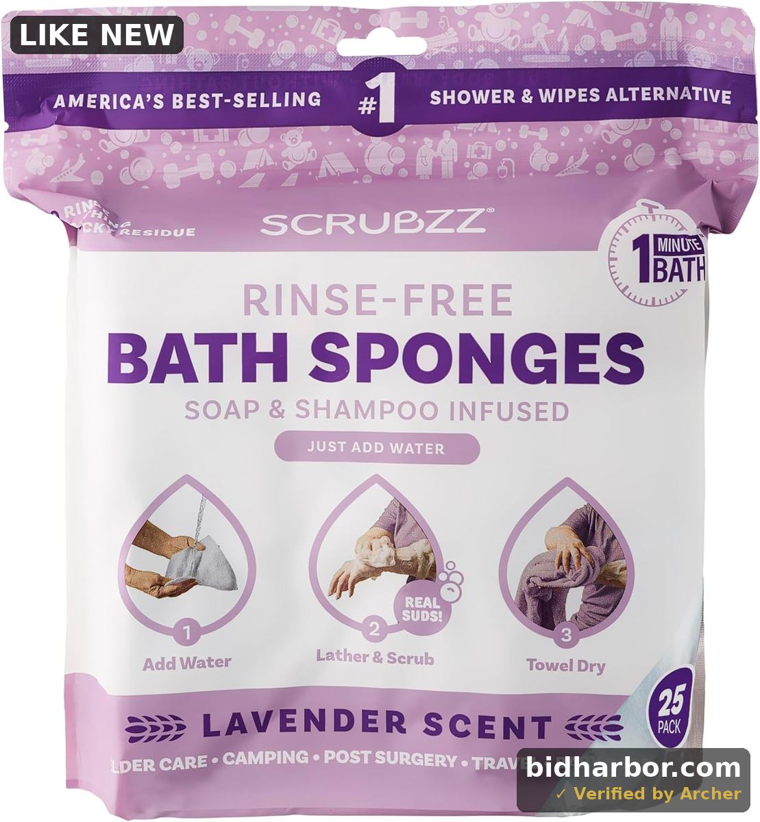 Scrubzz Disposable No Rinse Bathing Wipes - 25 Pack - All-in-1 Single Use Shower Wipes, Simply Dampen, Lather, and Dry Without Shampoo or Rinsing (Lavender, 1-Pack) - Pack of 25
