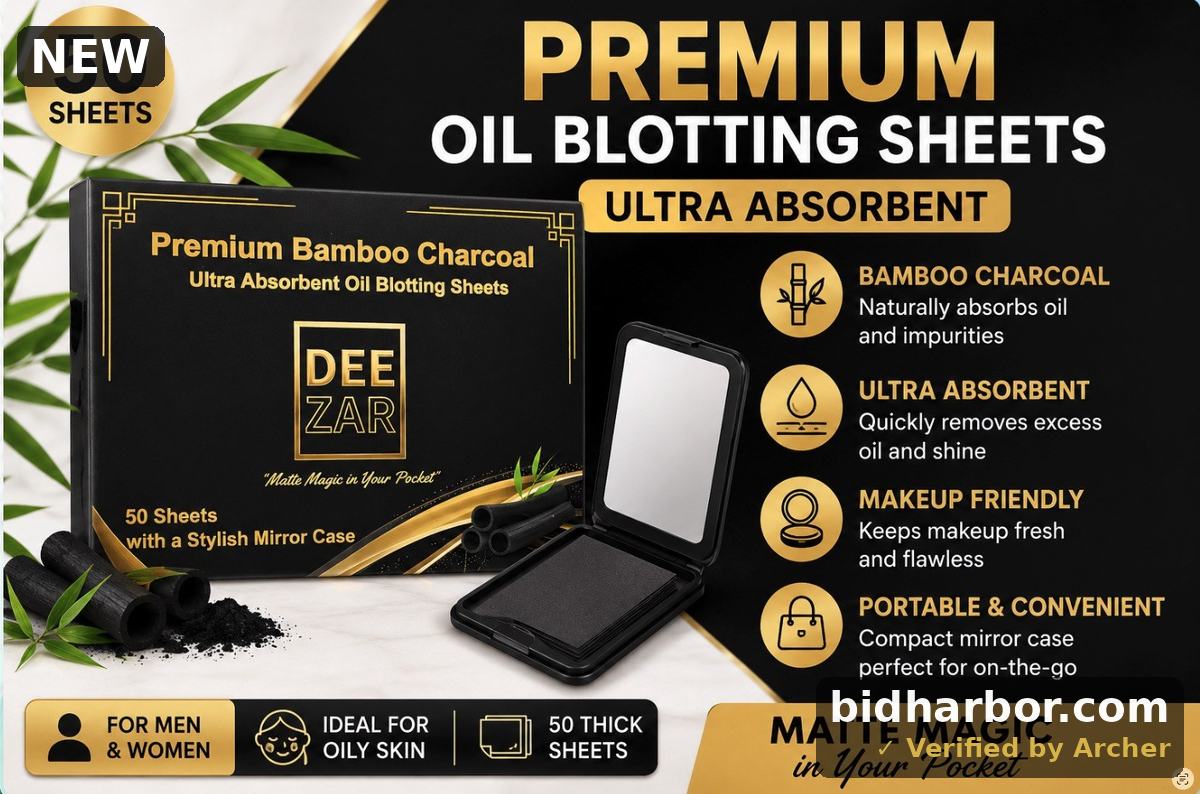 Premium Oil Blotting Sheets for Face with Compact Mirror Case, Bamboo Charcoal – Ultra-Absorbent, Portable, Makeup-Friendly, 50 Thick Sheets for Oily Skin, Men & Women, Ideal for Quick Oil Control