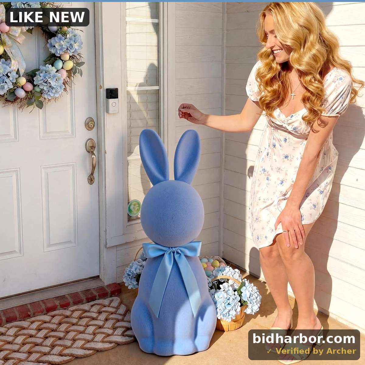 Lineshading Blue Easter Bunny Decorations for Porch 25" H Flocked Standing Large Bunny Figurine Outdoor Decor Rabbit Statue with Bow for Mantel Porch Lawn Yard Front Door Spring Home Indoor Outdoor