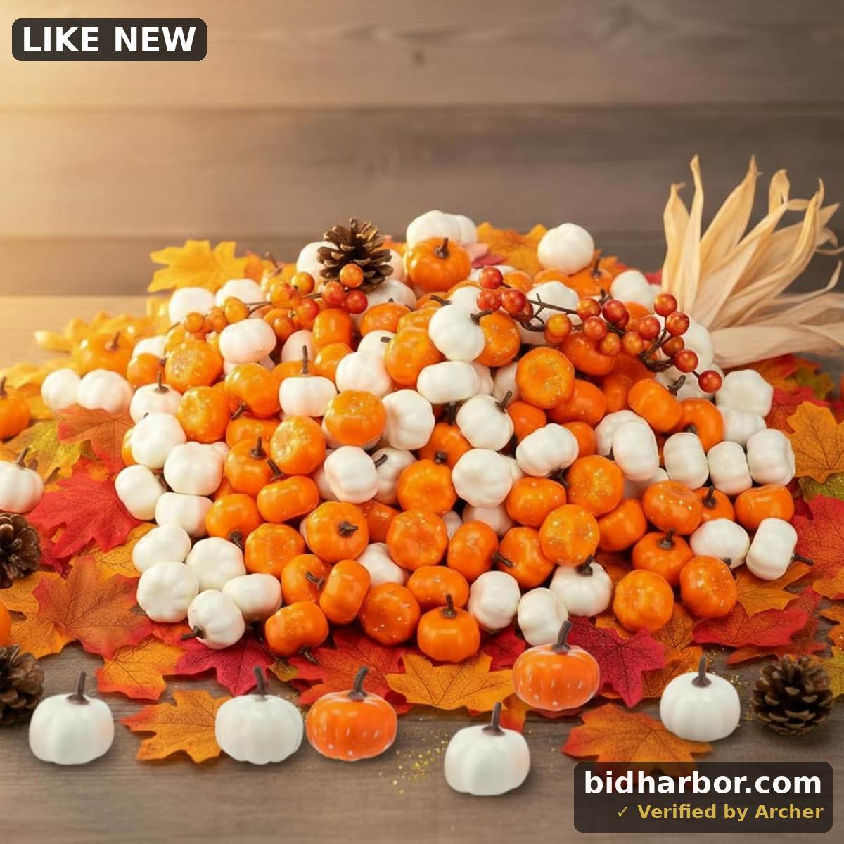 Thyle 400pcs Fall Decors Bulk -200 Pcs Mini Fake Pumpkins & 200 Pcs Fall Leaves Artificial Pumpkin Set Autumn Decor for Halloween Harvest Thanksgiving Baby Shower Wedding Decorations(White,Orange)