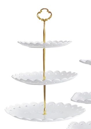 RAUVOLFIA 3 Tier Plastic Cupcake Stand, Tiered Serving Cake Stand, Round White Dessert Stand, Weddings Parties Pastry Serving Tray (2 Pack, White Plate with Gold Rim) - Pack of 2