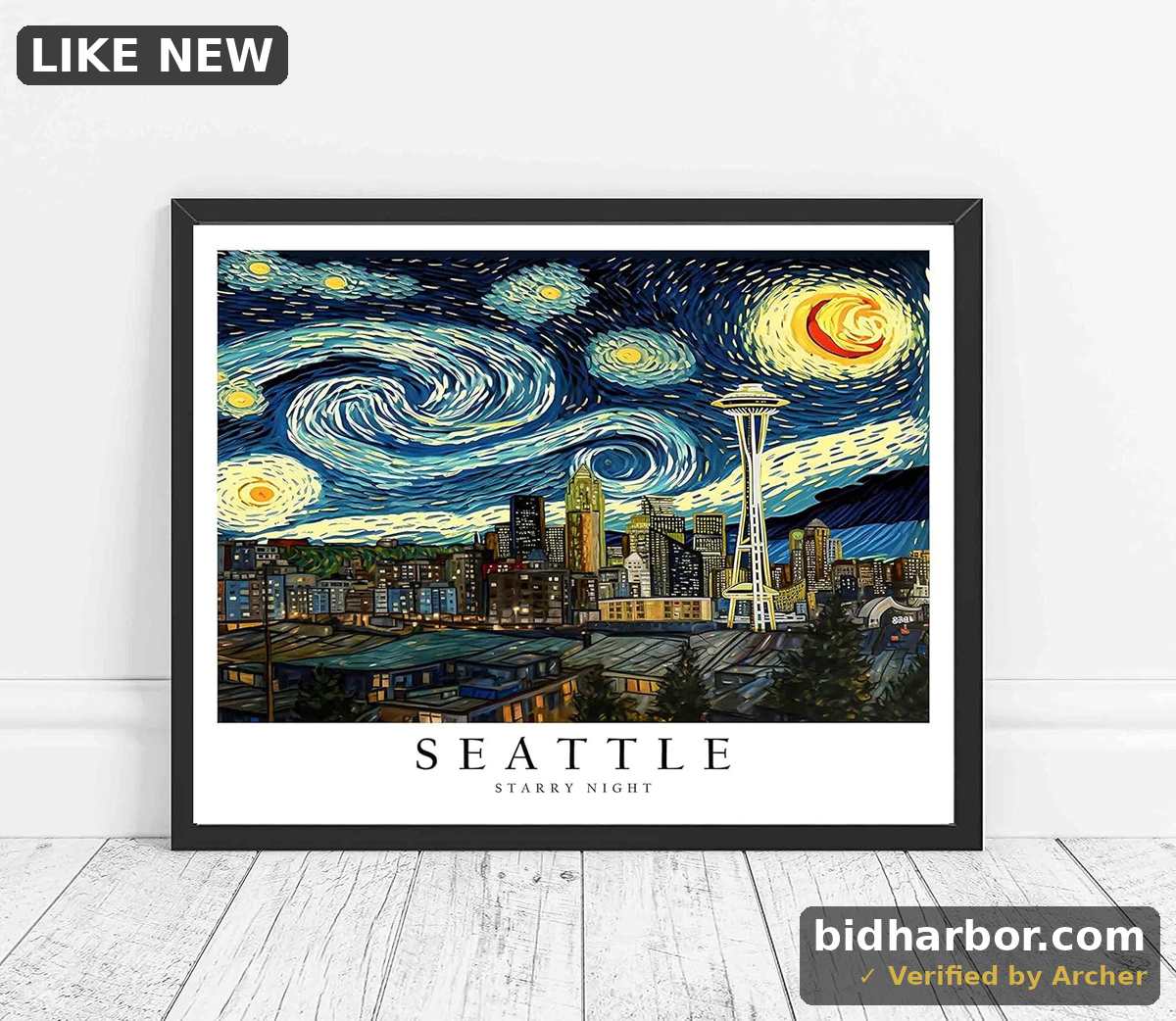 Seattle Art Print Poster, Van Gogh Starry Night Theme Wall art Painting Decor, Art Home Skyline Artwork For Bedroom, Bathroom, Living Room 51 (Seattle, 8 x 10 inches, Unframed)