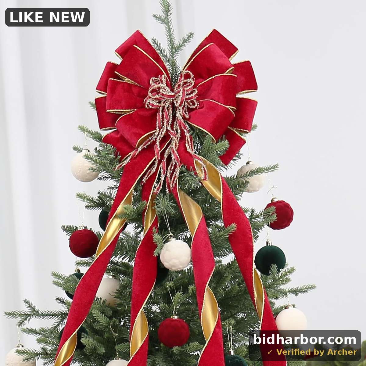 Velvet Christmas Tree Topper, Red/Gold 48x12 Inch Christmas Bow Tree Topper for Xmas Tree Decorations, for Xmas Ornaments Holiday Home Indoor/Outdoor Wedding Thanksgiving Decor.
