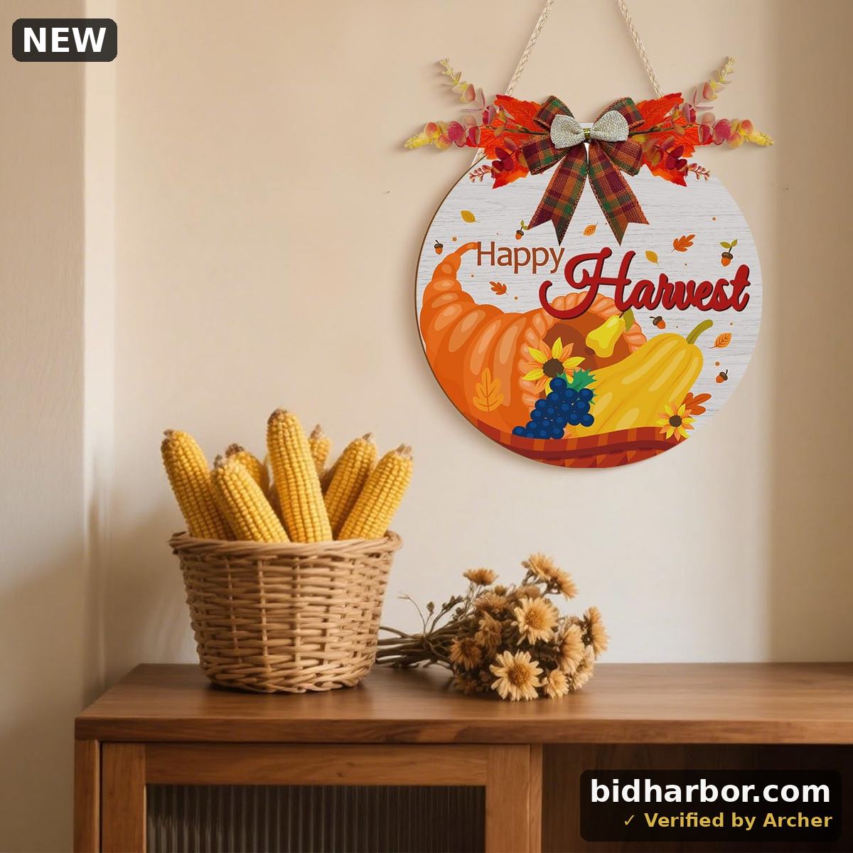 "Happy Harvest" Autumn Wood Wall Sign — Pumpkins & Maple Leaf, 12×12"