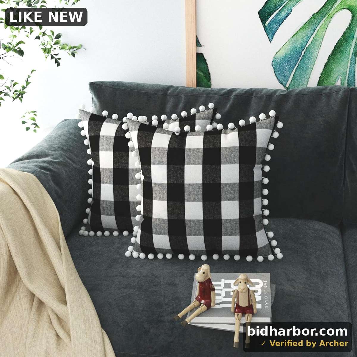 Buffalo Check Throw Pillow Cover with Pom-poms Plaid Gingham Retro Farmhouse Set of 2 Cushion Case for Sofa Couch Car Oversize Decorative Cotton Pillowcase 26 x 26 inch Black White