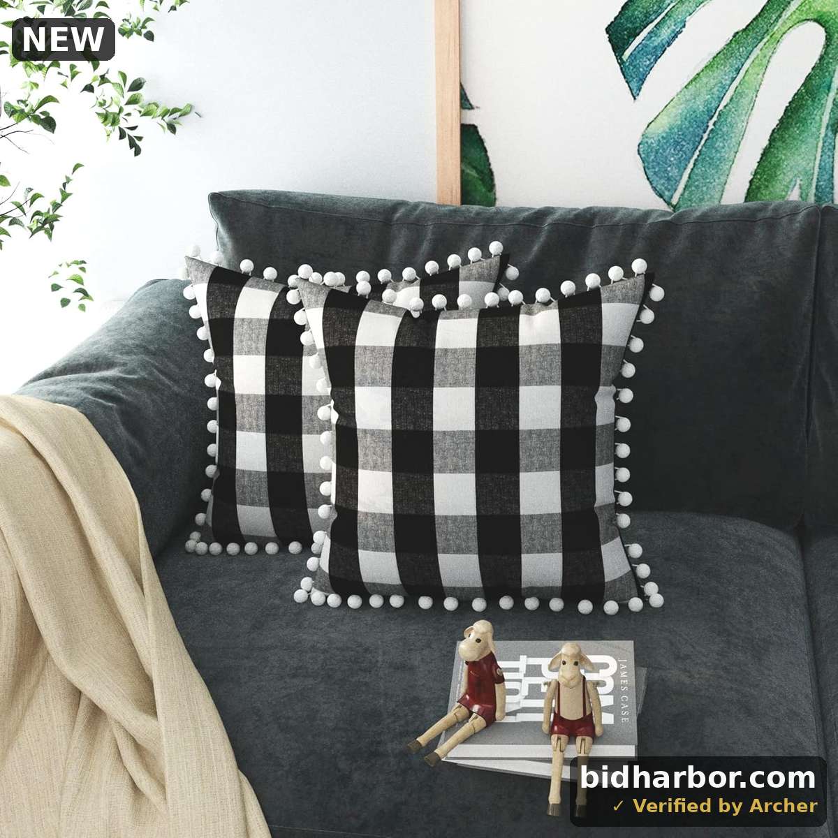 Buffalo Check Throw Pillow Cover with Pom-poms Plaid Gingham Retro Farmhouse Set of 2 Cushion Case for Sofa Couch Car Oversize Decorative Cotton Pillowcase 26 x 26 inch Black White