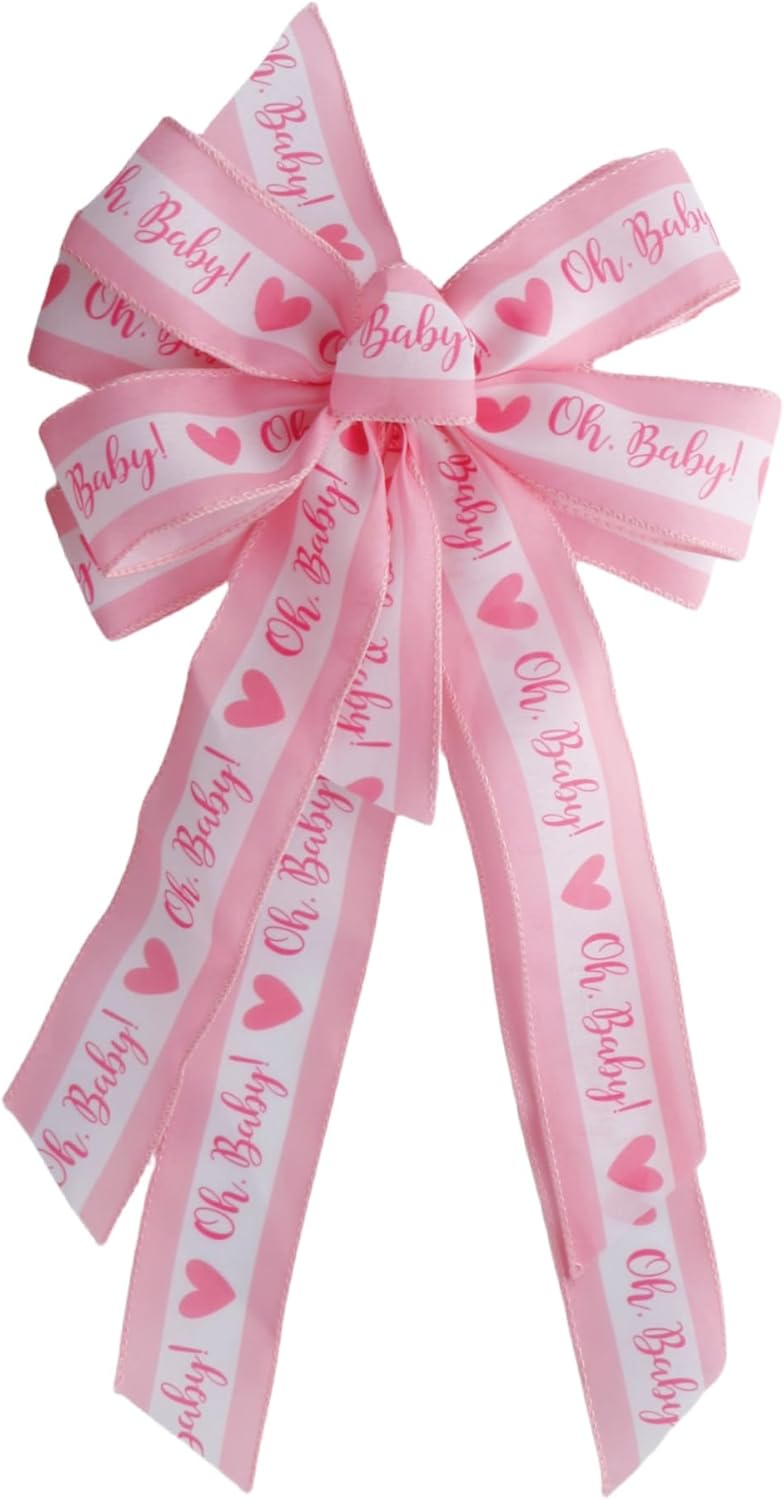 Meseey Baby Shower Decorative Bow, 20x10 inches, Large Burlap Wreath Bow, Tree Topper for Indoor Outdoor Decor (Pink Baby)