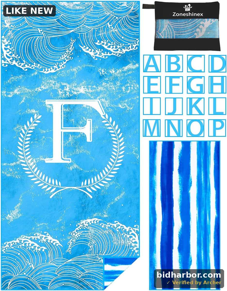 Personalized Monogrammed Thin Beach Towel Sand Free Quick Dry Super Absorbent Customized Initial Letter Lightweight Oversized Pool Swim Microfiber Towels K Gifts for Women