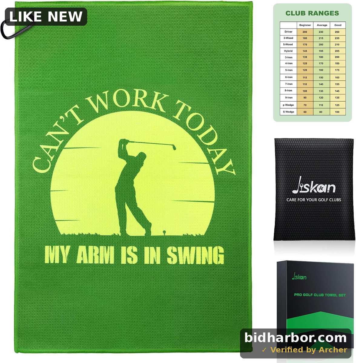 Golf Towel Microfiber (16" X 24") with Clip and Storage Bag, Funny Golf Towels for Golf Bags, Green