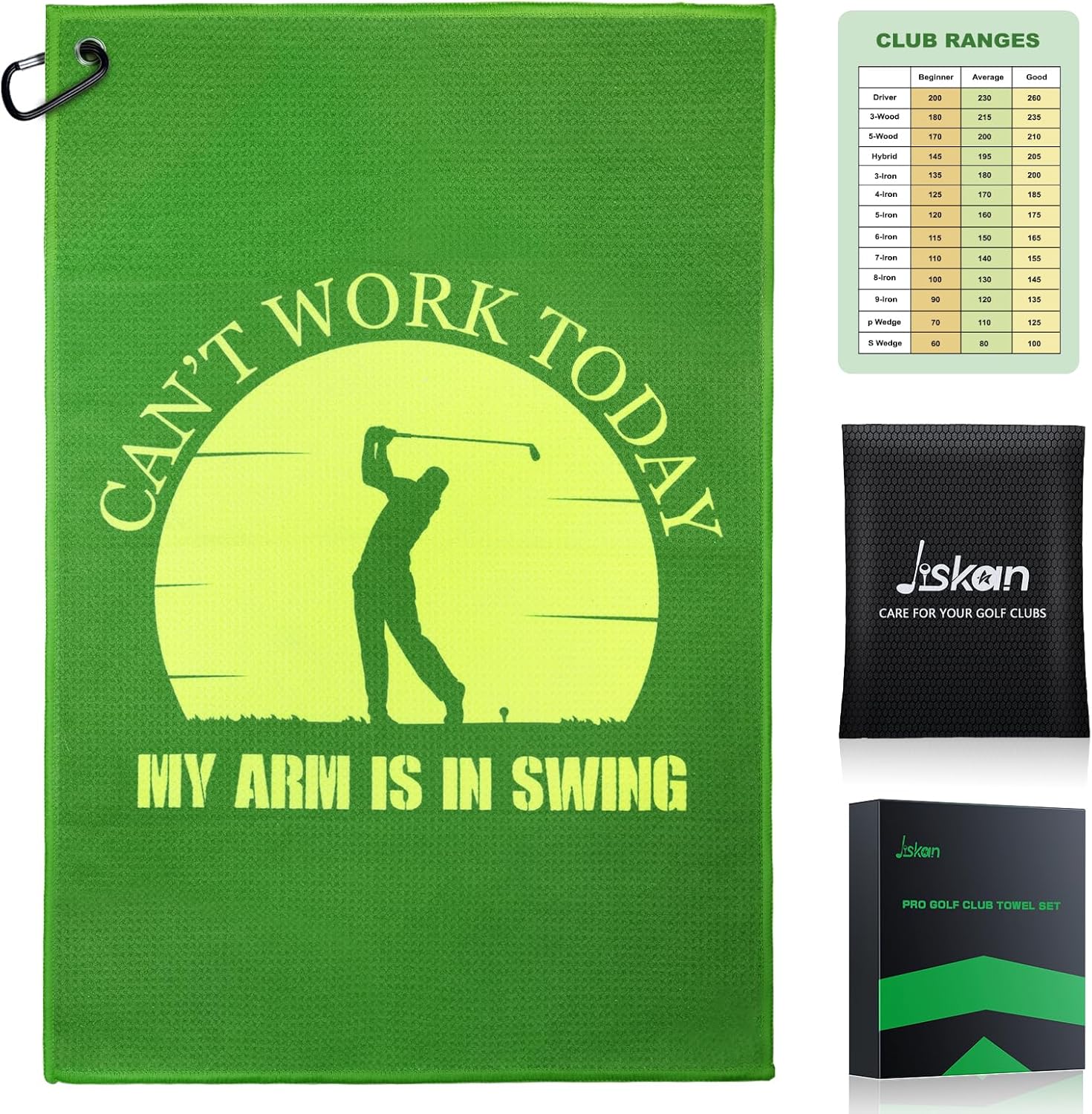Golf Towel Microfiber (16" X 24") with Clip and Storage Bag, Funny Golf Towels for Golf Bags, Green