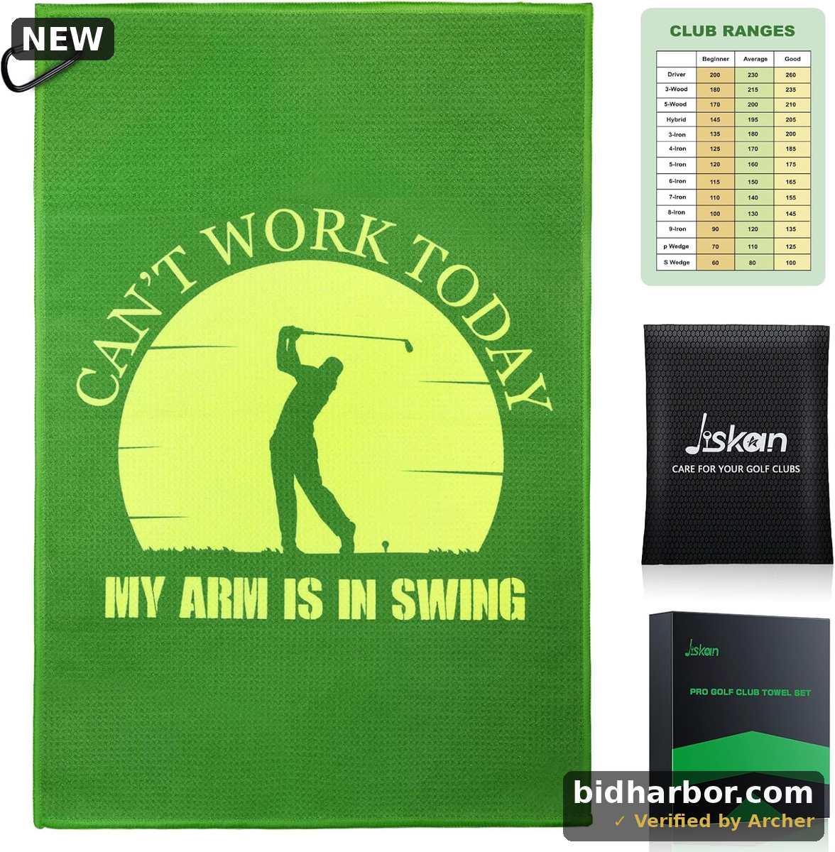 Golf Towel Microfiber (16" X 24") with Clip and Storage Bag, Funny Golf Towels for Golf Bags, Green