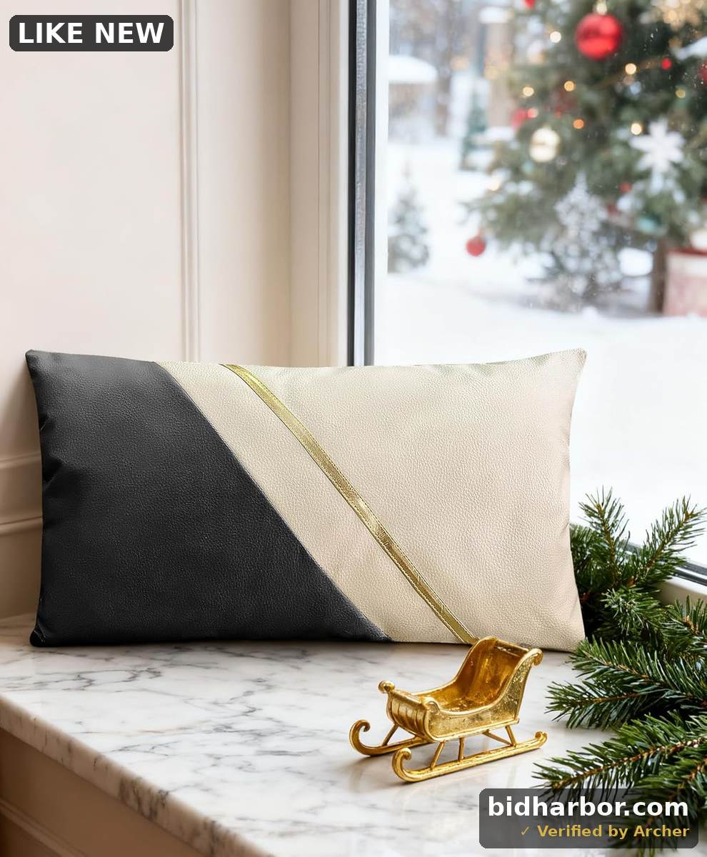 Christmas Lumbar Pillow Case, Leather Black White Decorative Throw Pillows Covers for Couch 12X20 Inch, Oblong Waterproof Modern Farmhouse Cushion Cover with Living Room and Bed