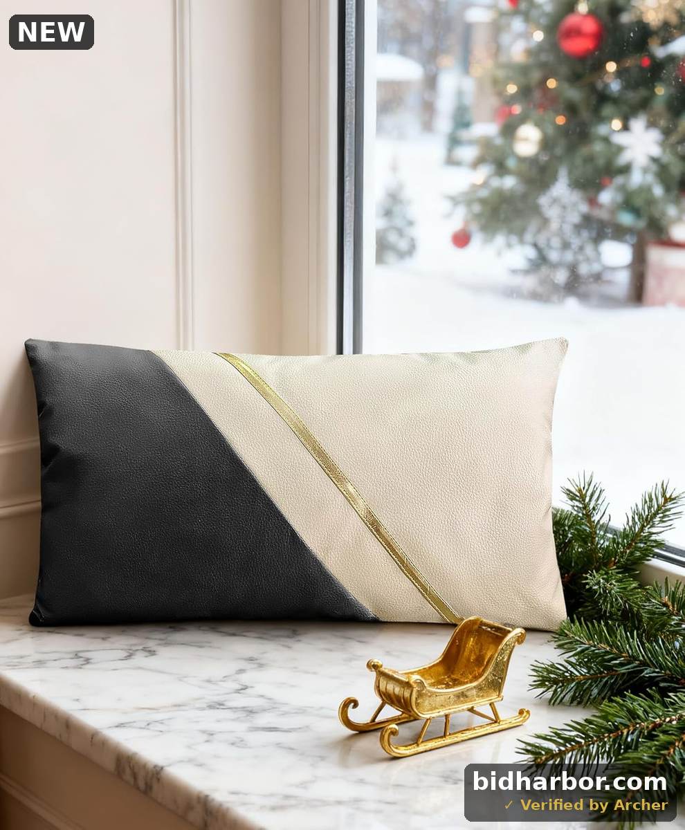 Christmas Lumbar Pillow Case, Leather Black White Decorative Throw Pillows Covers for Couch 12X20 Inch, Oblong Waterproof Modern Farmhouse Cushion Cover with Living Room and Bed