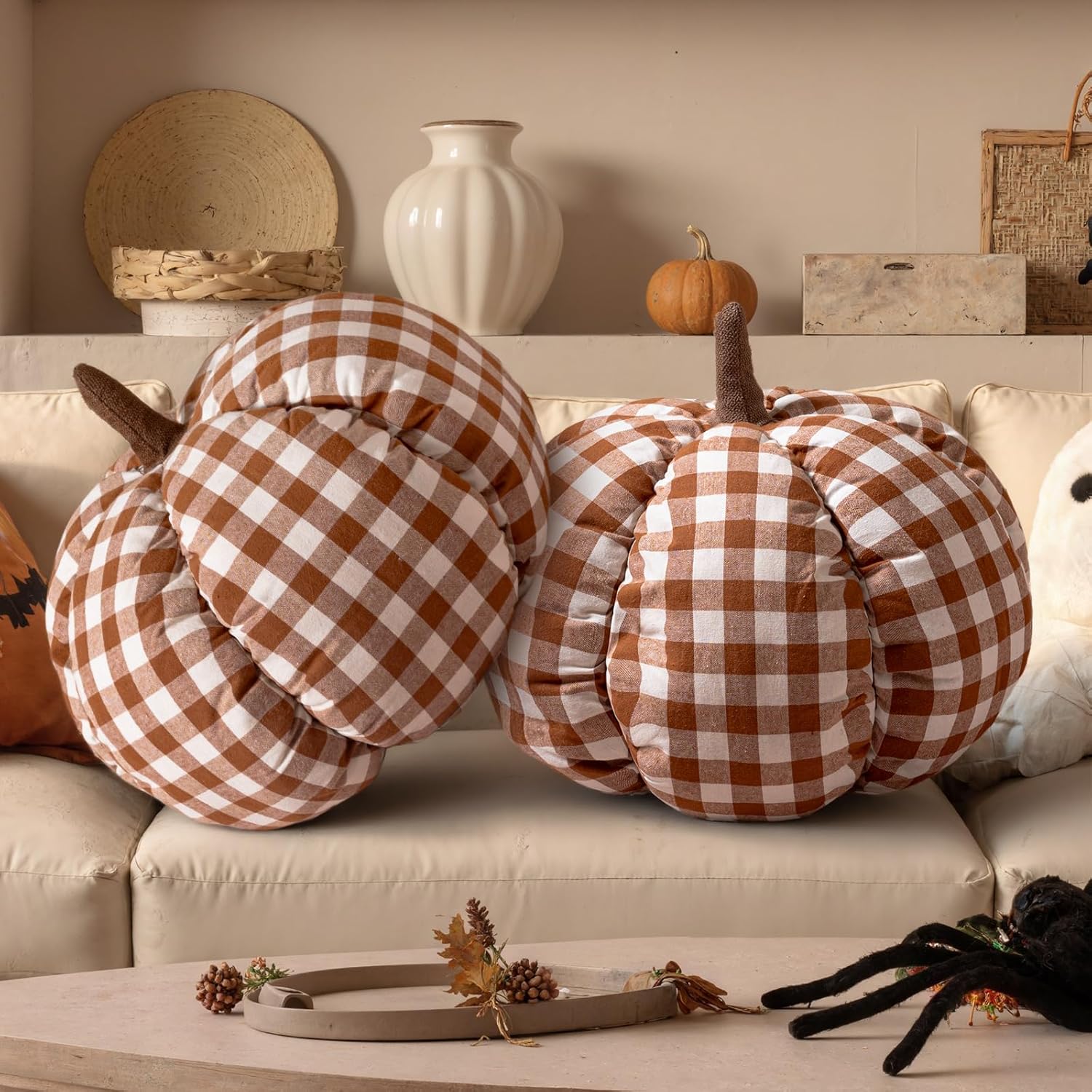 Lanpn Fall Pumpkin Pillow Set of 2, Halloween Decoration Plaid Throw Pillow Soft Cute 3D Shaped Cushion for Sofa Couch Bedroom Autumn Thanksgiving Halloween Decor (Brown, 13.4x11in)