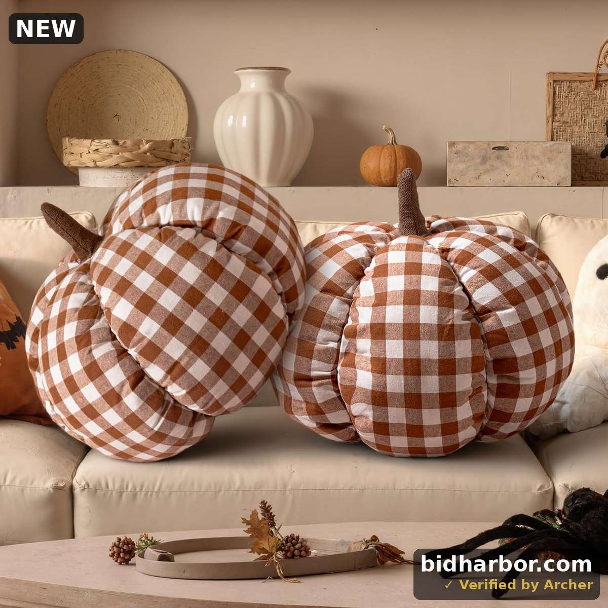 Lanpn Fall Pumpkin Pillow Set of 2, Halloween Decoration Plaid Throw Pillow Soft Cute 3D Shaped Cushion for Sofa Couch Bedroom Autumn Thanksgiving Halloween Decor (Brown, 13.4x11in)