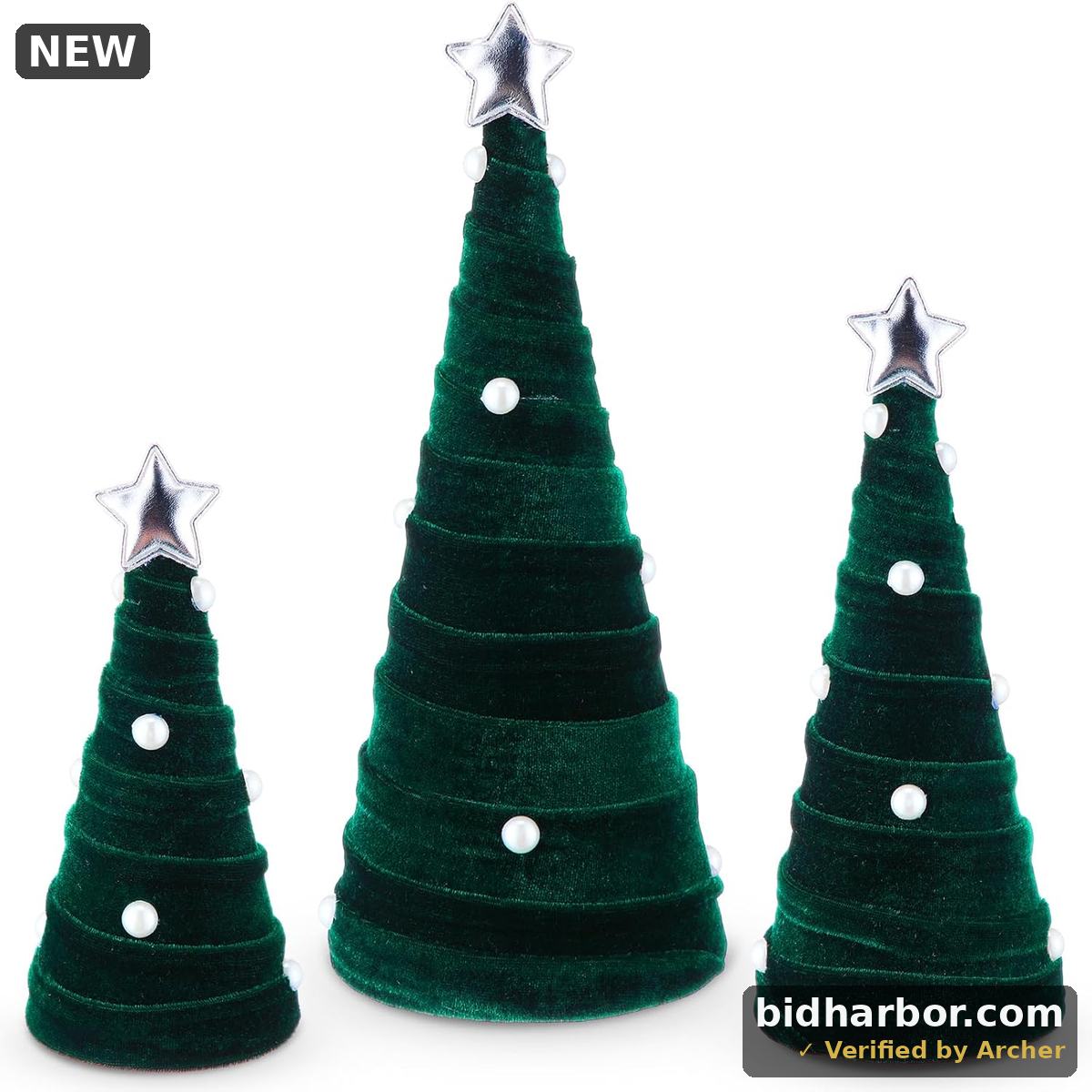 Leitee 3 Pcs Christmas Green Velvet Trees, Cone Table Decorations Modern Christmas Tabletop Centerpieces Trees Winter Decor Tree Tiered Tray with Pearls and Stars for Entryway Mantle Home Farmhouse
