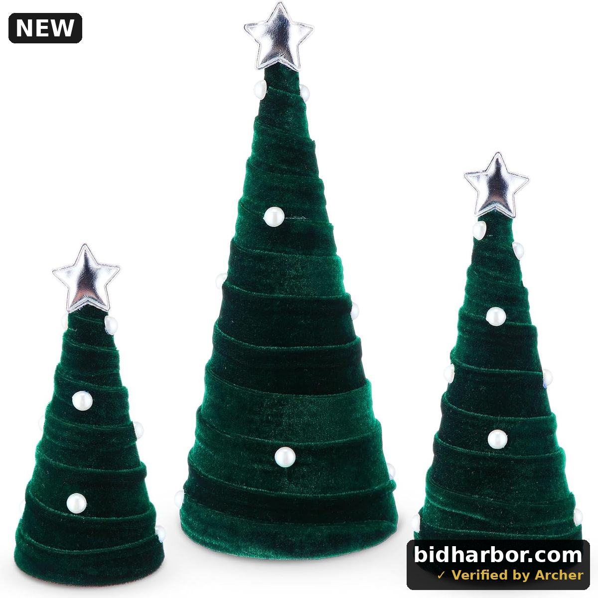 Leitee 3 Pcs Christmas Green Velvet Trees, Cone Table Decorations Modern Christmas Tabletop Centerpieces Trees Winter Decor Tree Tiered Tray with Pearls and Stars for Entryway Mantle Home Farmhouse
