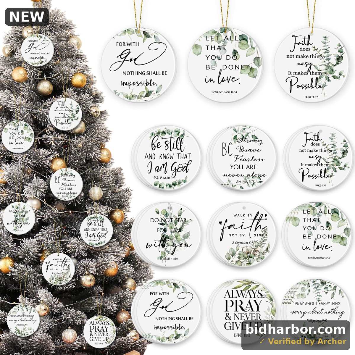 Fumete 27 Pcs Christian Christmas Ornament Bulk Ceramic Bible Verse Hanging Ornament Double Sided Religious Inspirational Quote Botanical Plant Green Leaves Round Flat Decor for Women Men Church Gift