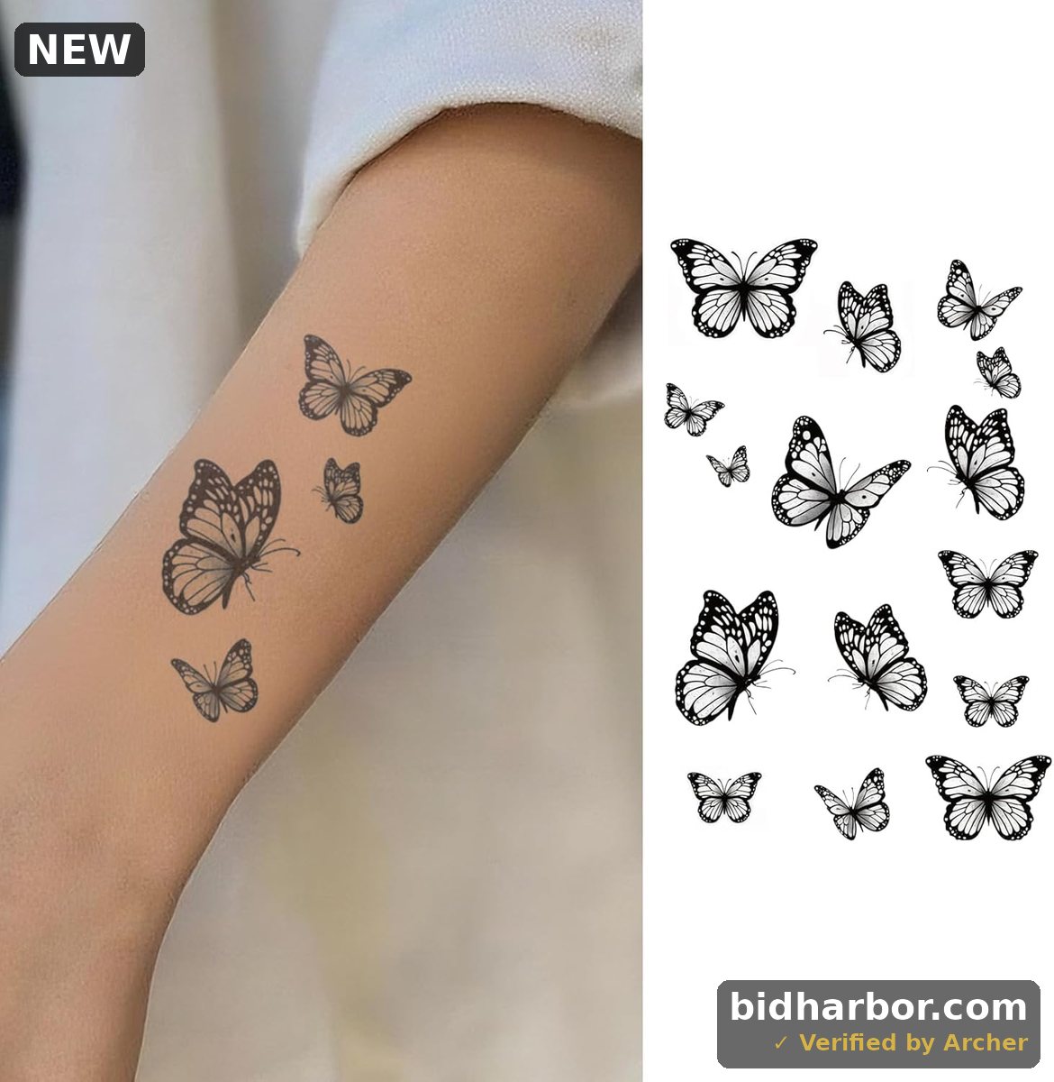 Black & White Butterfly Temporary Tattoos – 15 Customizable Butterfly Temp Tattoo with Detailed Linework, Waterproof & Realistic, Lasting for 2 Weeks