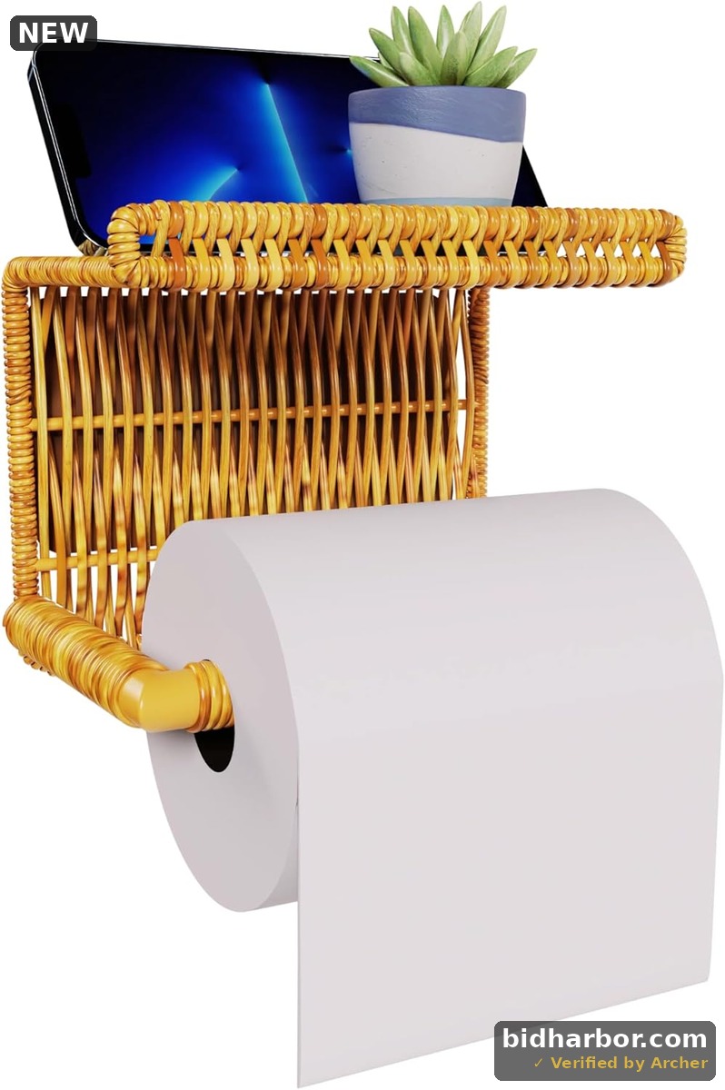Synthetic Rattan Toilet Paper Holder with Shelf – Fits Mega Rolls, Boho Bathroom Decor Roll Holder for RV, Washroom, Kitchen – Water-Resistant Woven Tissue Dispenser (Natural, Adhesive Mount)