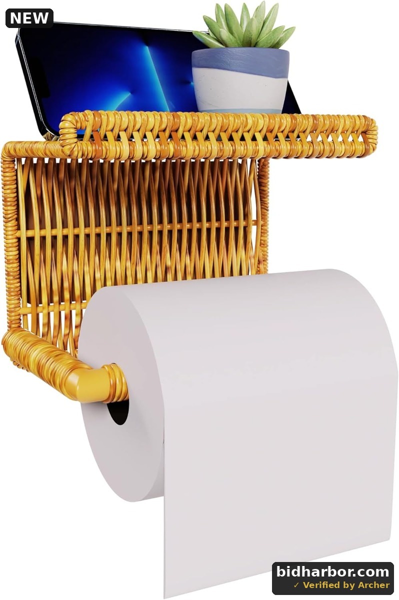 Synthetic Rattan Toilet Paper Holder with Shelf – Fits Mega Rolls, Boho Bathroom Decor Roll Holder for RV, Washroom, Kitchen – Water-Resistant Woven Tissue Dispenser (Natural, Adhesive Mount)